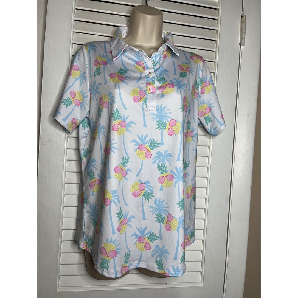 Sunday Swagger Womens Polo Shirt Pineapple Sunglasses Palm Trees Golf Top Size L